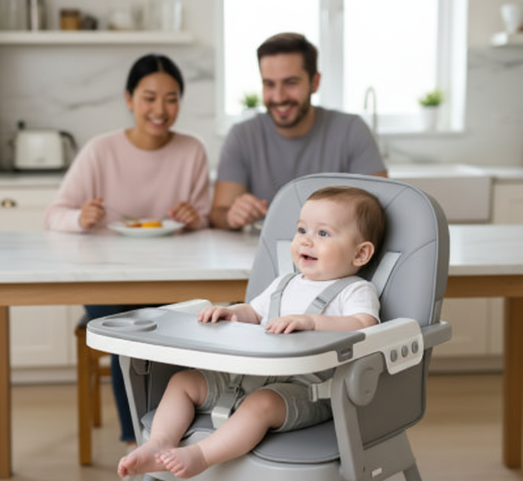 Chaise haute bébé - compacte et évolutive